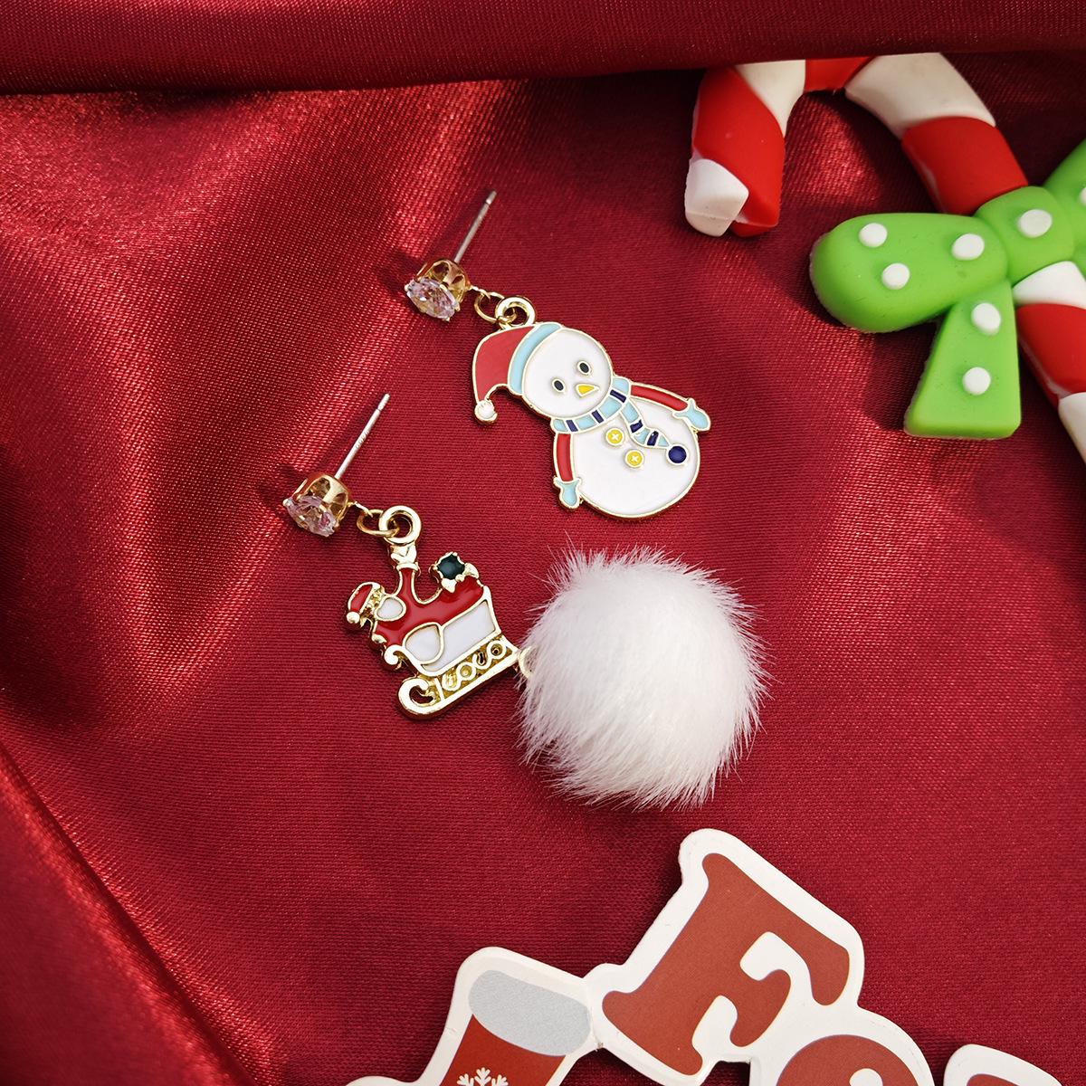 

Silver Needle Christmas Cartoon Diamond Elk and Snowman Asymmetrical Fur Ball Drop Earrings