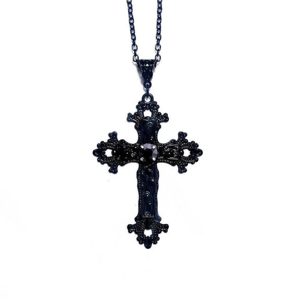 Gothic Y2K Punk Crystal Black Cross Pendant Choker Necklace for Women