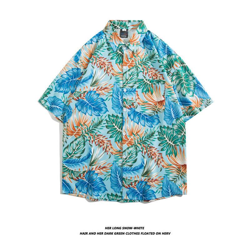 Hong Kong-style retro Hawaiian short-sleeve floral shirt for men and women, couple's beach shirt