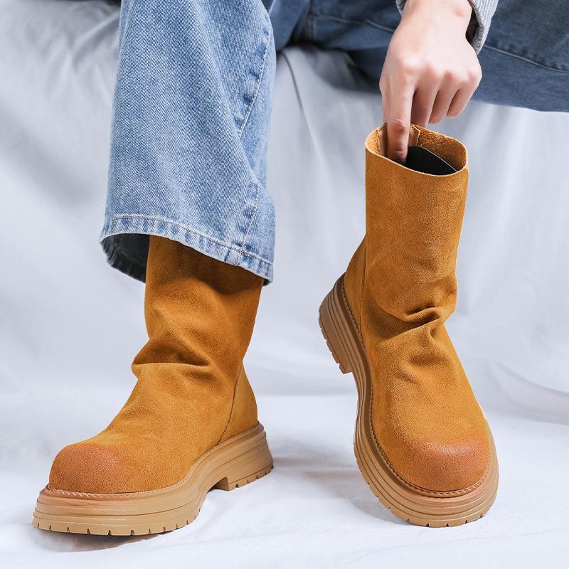 men's fashion punk rock high platform boots designer cow suede leather shoes cowboy long boot trendy motorcycle botas masculinas