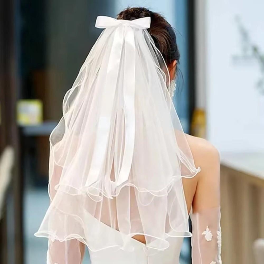 2PCS Elegant Bride's Head Gauze Bow Tied Wedding Gauze Double Layered Headband  Wedding Photos