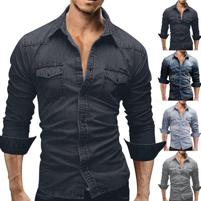 Herren Herbst Casual Langarm Revers Denim Washed Shirt Herren Tops Herren Hemden