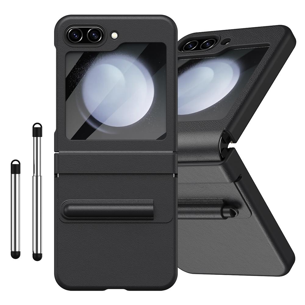 For Samsung Galaxy Z Flip7 FE 5G/Flip6 5G Hinge PU Leather PC Phone Cover with Stylus/Tempered Glass Film