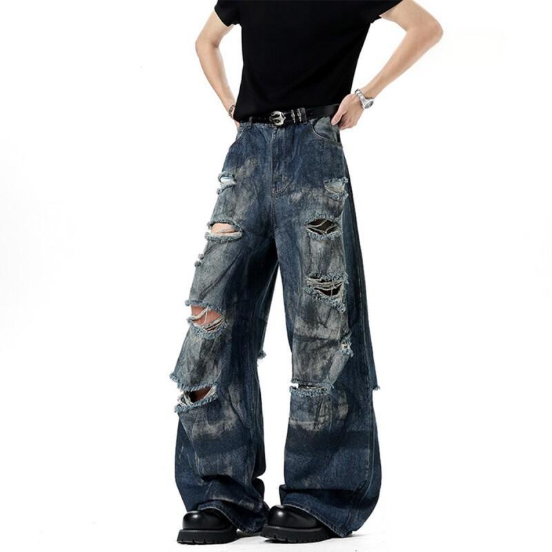 Mens Distressed Straight Leg Wide Fit Denim Jeans Loose Streetwear Ripped Cotton Pants