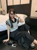 Women's Summer 2025 French Wave Color Block Knit Top with Short Sleeves and Doll Collar