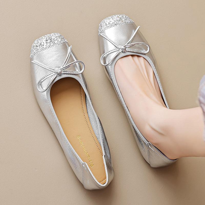 Fashion 2025 Women Square Toe Bowtie Ballets Shoes Gold/Silver Flats Ballerinas Female Mixed Color Patchwork Moccasins Soft Cozy Loafers