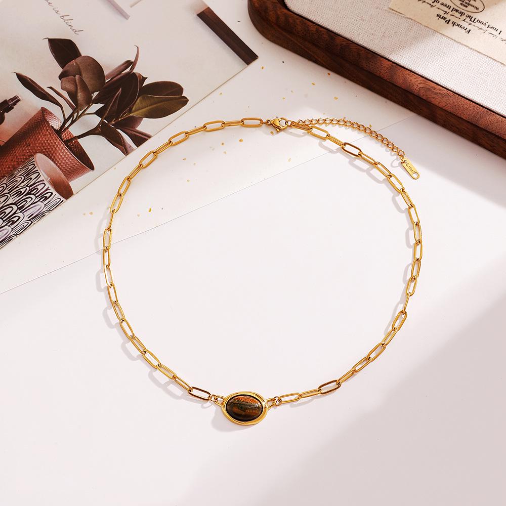 Ying Tai 18K Gold Plated Necklace with Tiger Eye Pendant: Stainless Steel Clavicle Chain, High Polish Finish, Women's High-End Style.