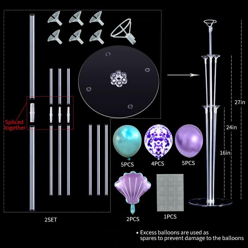 Mermaid Table Centerpiece Balloons Stand Kit 2 Sets with 2 Sea Shells Foil Balloons 14 Purple Blue Latex Balloons for Birthday Beach Mermaid Theme