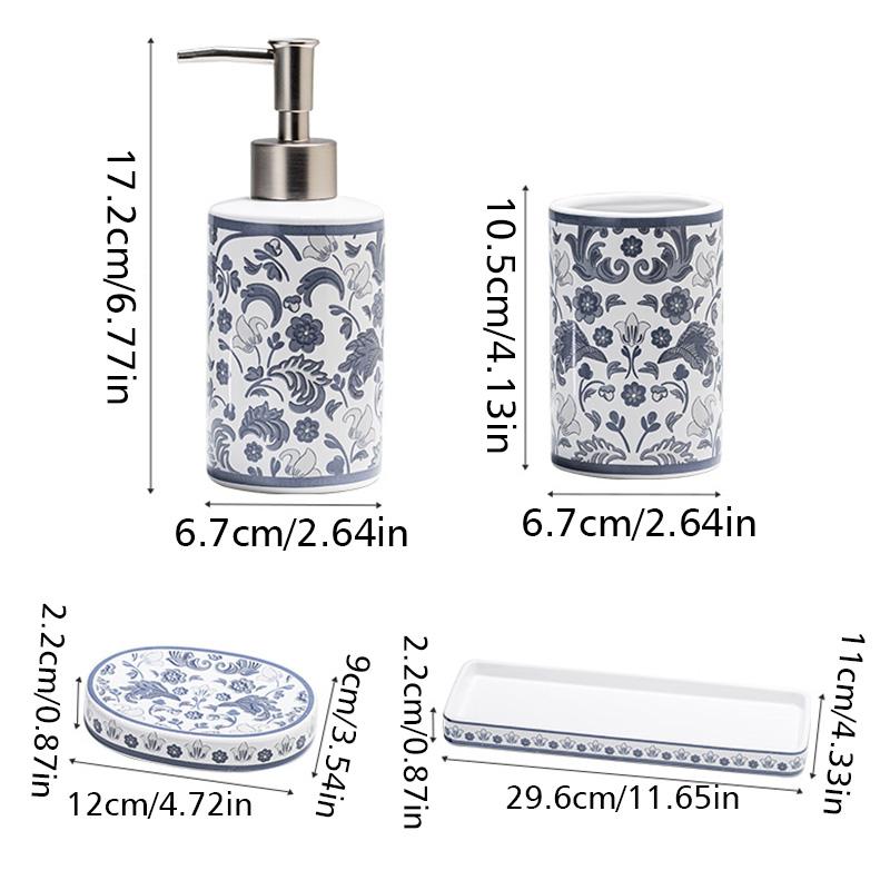 4pcs/set Floral Pattern Bathroom Refillable Liquid Soap Container Creative Ceramic Wash Set Accessories