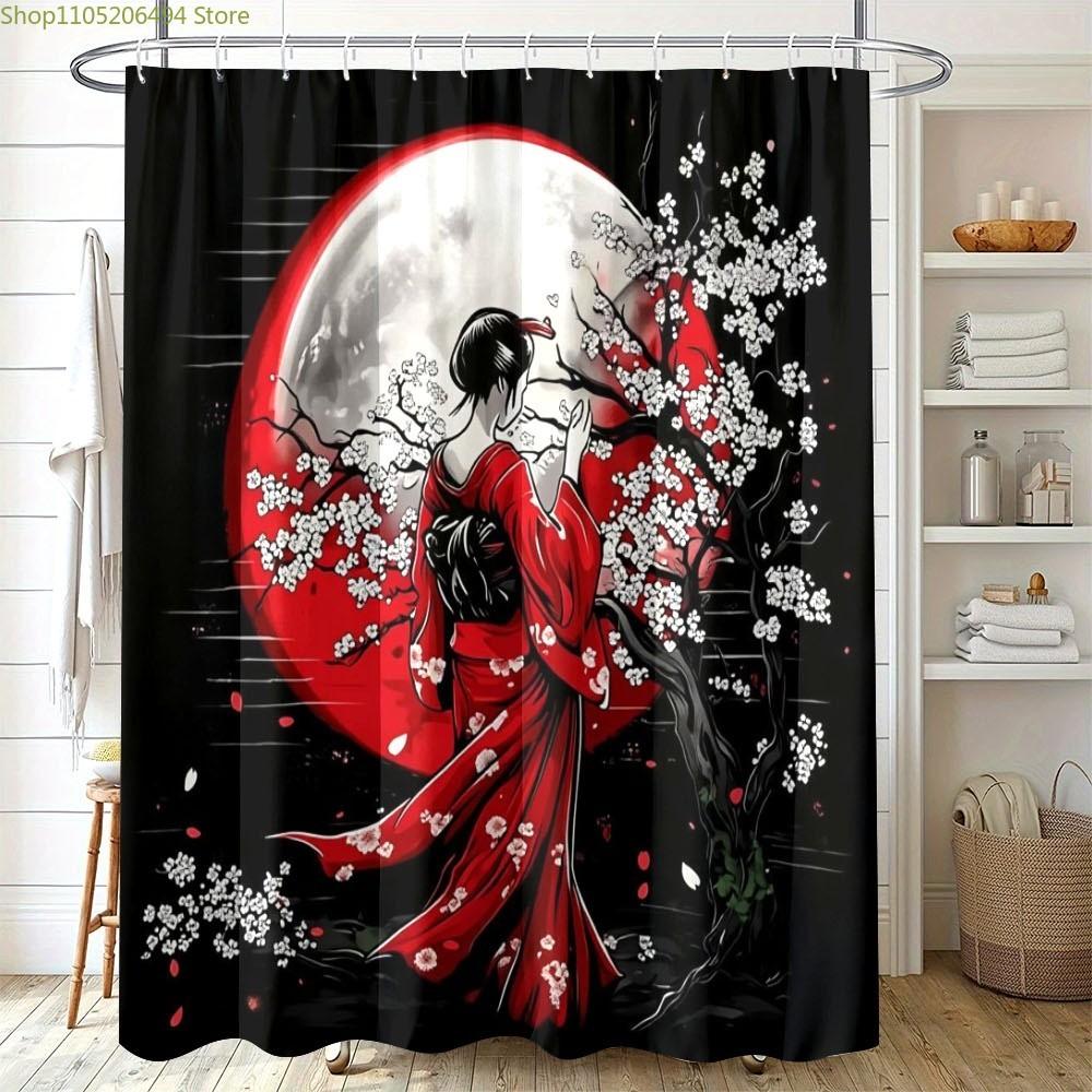 1pc Japanese Kimono & Cherry Blossom Shower Curtain, 180x180cm, with 12 Hooks, Traditional Aesthetic Style for Bathroom Use, B