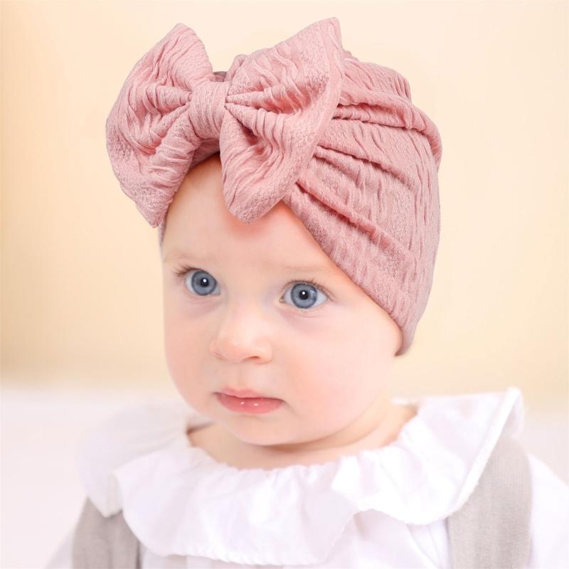 Solid Color Infant Turban Hat Elastic Baby Beanie Cap with Bowknot Decor Fashionable Headdress Cosy Newborn Accessories