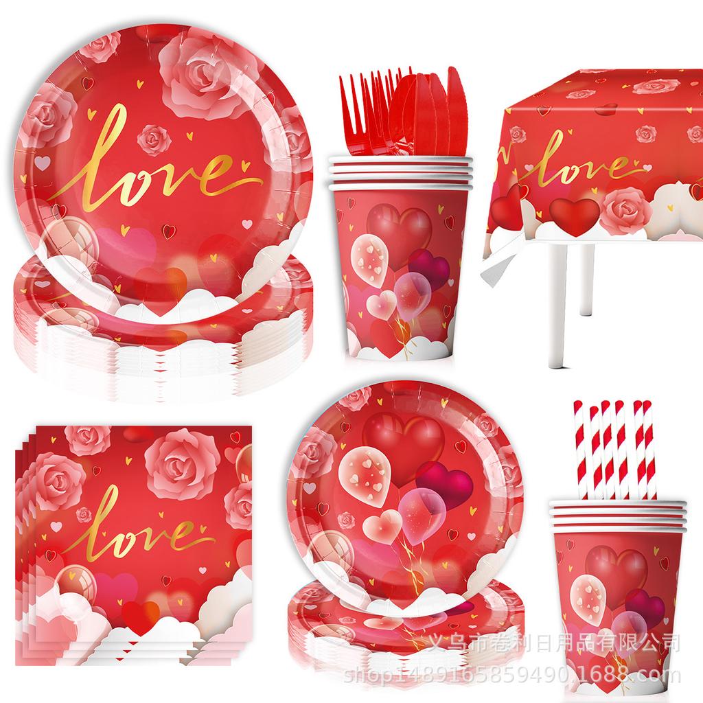 Valentinstag Partyzubehör Geburtstagsdekoration Arrangement Banner Zugflagge Geschirr Pappteller Papierserviette Papierbecher