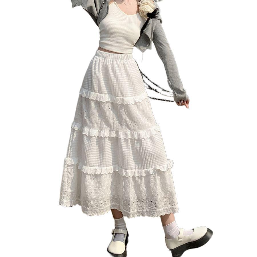 Women's Princess-Style White Lace Midi Skirt - A-line, Tiered, Flared, Spring/Summer Design