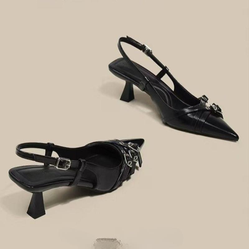 Mode 2025 Französischer Stil Gürtelschnalle Weinrote Sandalen Sommer Retro Lackleder Society-Temperament Spitz Schwarz Hohe Absätze