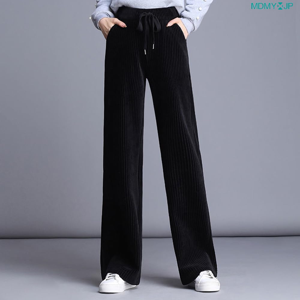 MDMYXJP Veludo Cotelê Perfeito para o Outono e MD371 Calças Femininas, de Perna Larga, Forradas com Lã, Quentes, Longas, de Cintura Alta, Inverno, (JP, Alfabeto, L, Preto)