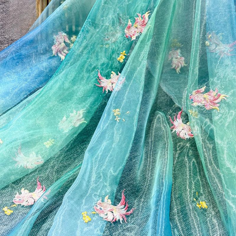 Printing Silk Chiffon Fabric Koi Carp Embroidery Fabric Tulle Handmade DIY Chinese Ancient Hanfu Stage Dance Dress Wedding Decor