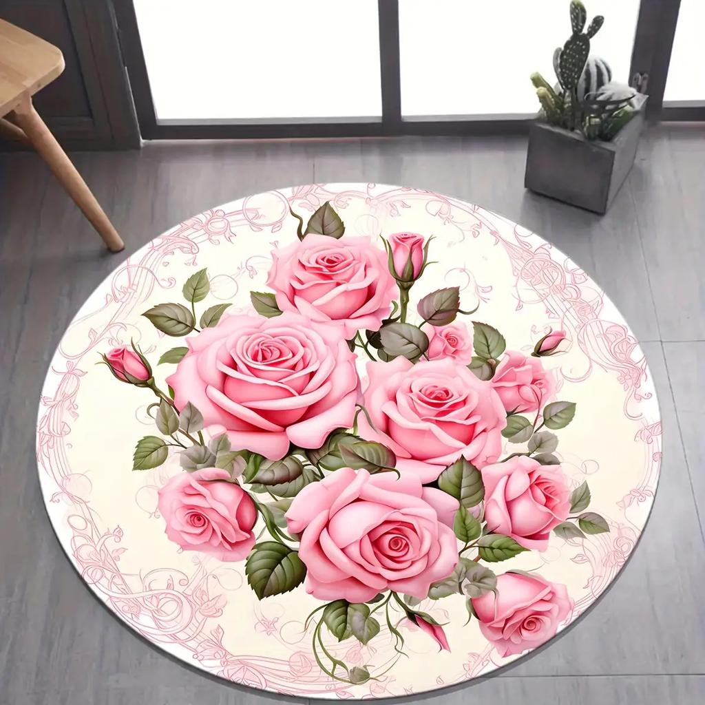 Modern Botanical Flower Round Carpet Soft Non-Slip Decorative Doormat Machine Washable Floor Rug for Kitchen Bathroom Office