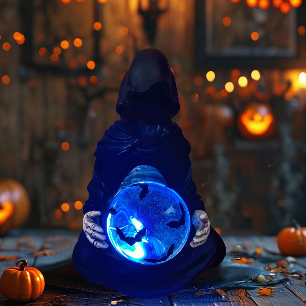 The Death Gods Crystal Ball Gothic Figurine with Flying Bats Crystal Ball Grim Reaper Figurine Halloween Decorations