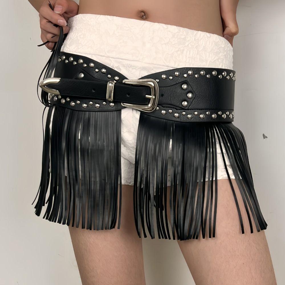 Punk Style Skirt Decoration Spicy Girl Pu Tassel Waistbands Simple Rrivet Belt  Daily