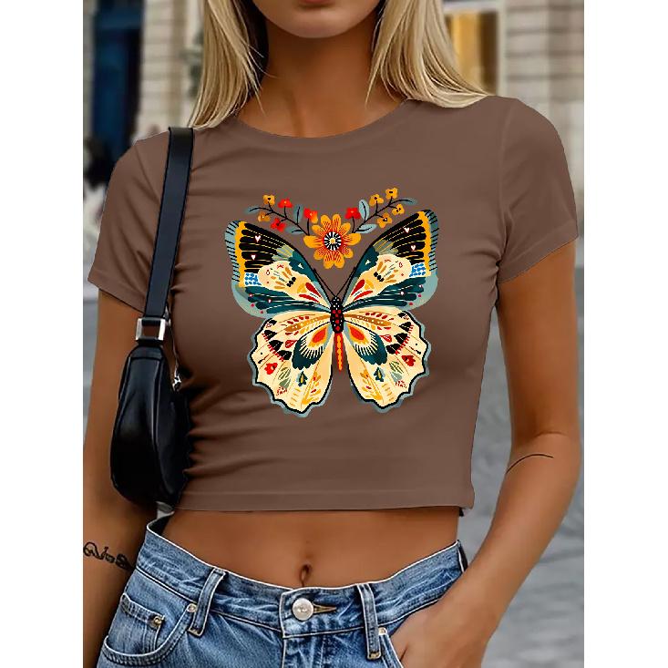 Women's round-neck short top T Shirt | Ethnic-style painted butterfly and floral combination print | High-waisted, cropped, tight-fitting, slim-fit