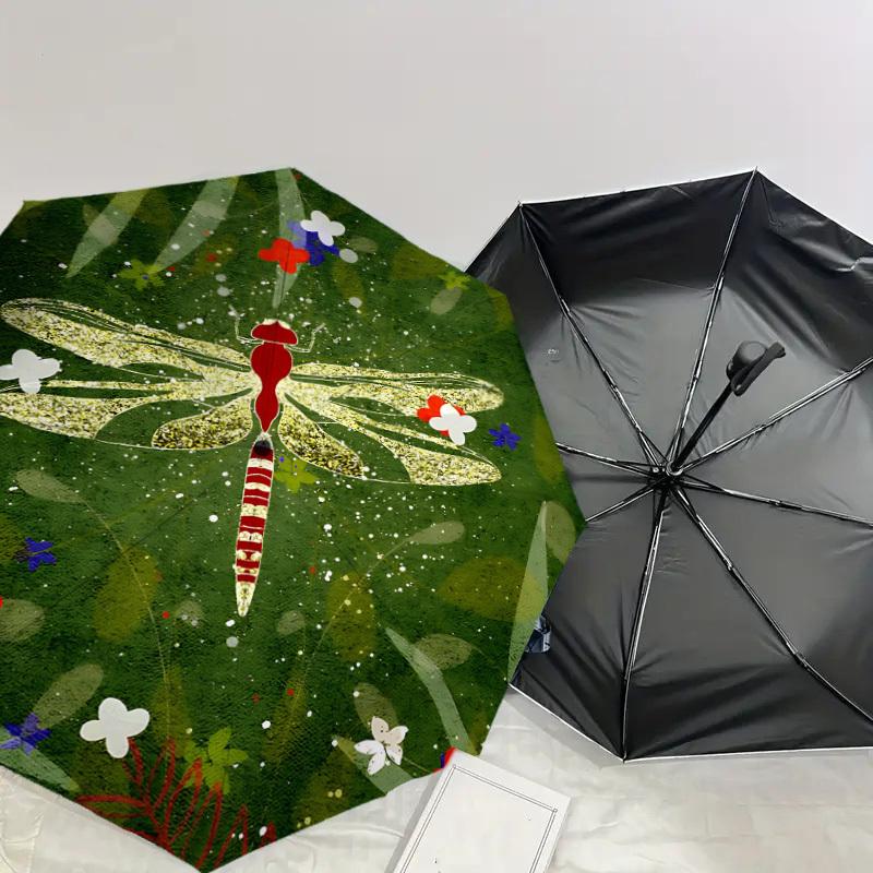 1pc Dragonfly, Flowers Automatic Open/Close Umbrella with Windproof, 8-Rib Sturdy Canopy, Durable Ribs, Fashionable Design1175A
