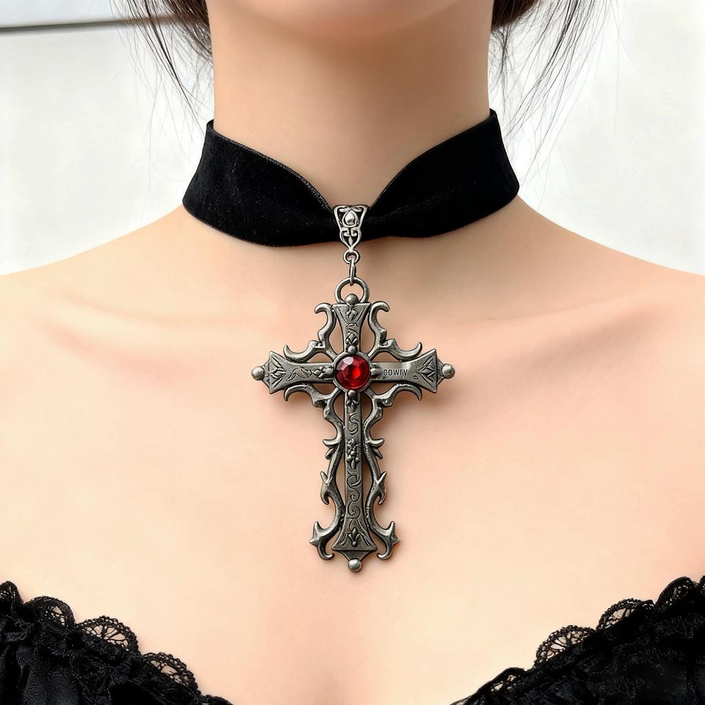 Gothic Velvet Choker with Retro Cross Pendant
