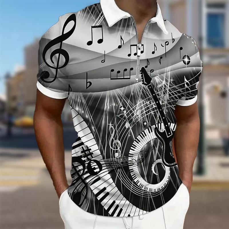 Men's Shirt Polo Casual Zip Short Sleeve Fashion Casual Zipper Summer Spring Regular Fit Piano & Guitar 3D Print Shirt