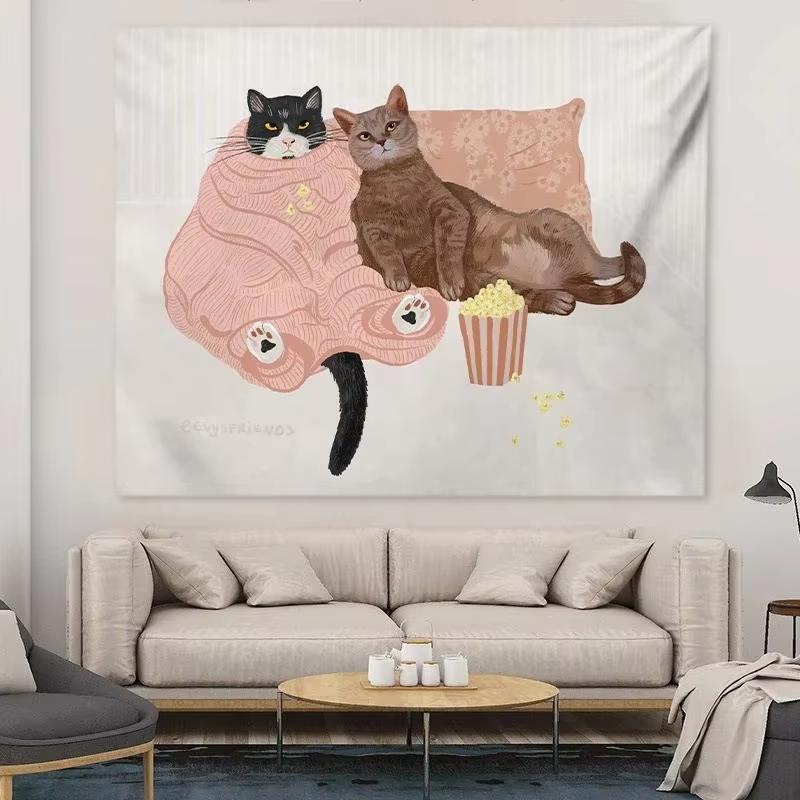 Trendy Abstract Cat Tapestry Stylish Feline Print Modern Wall Art Chic Home Accent for Trendsetting Interiors