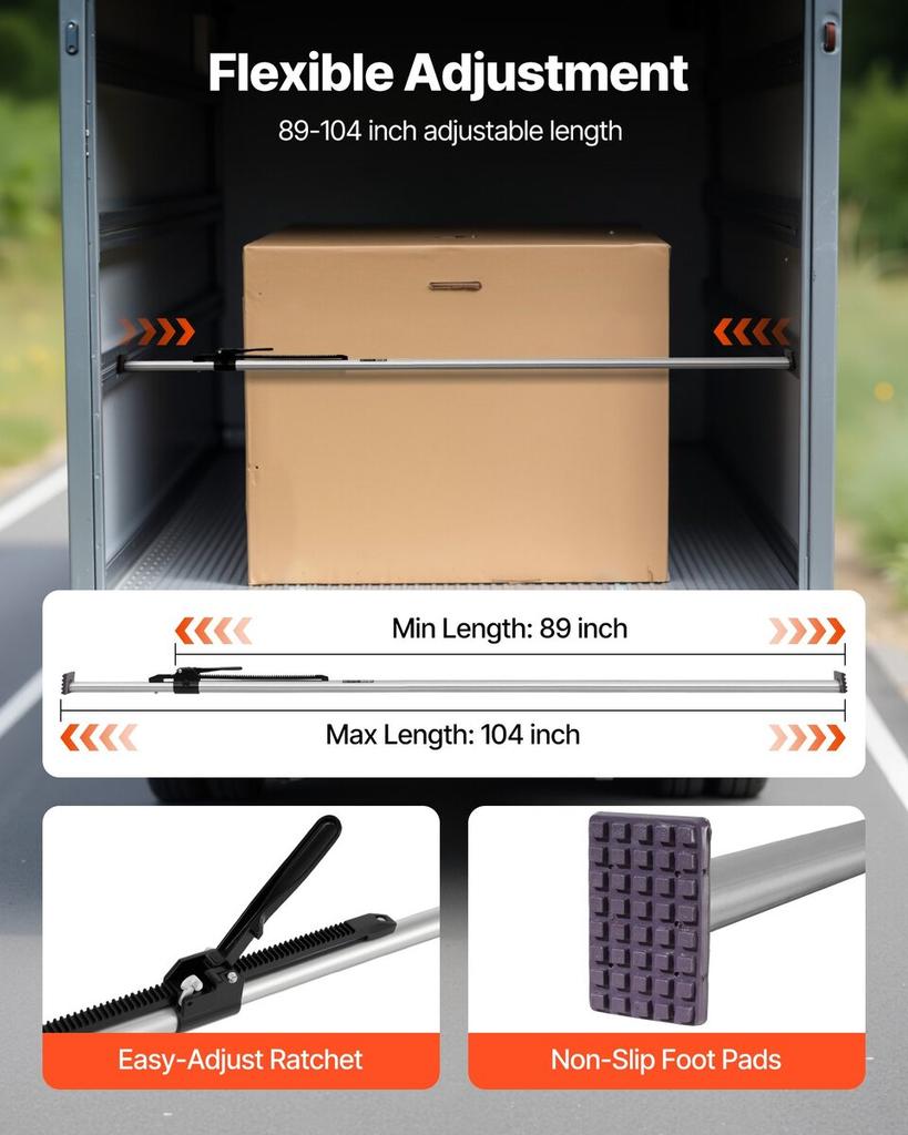Cargo Bar, Ratcheting Cargo Bar Adjustable from 2261mm To 2642mm, Heavy-duty Steel Cargos Stabilizer with Non-Slip Foot Pad, Truck Bed Load Lock Bars