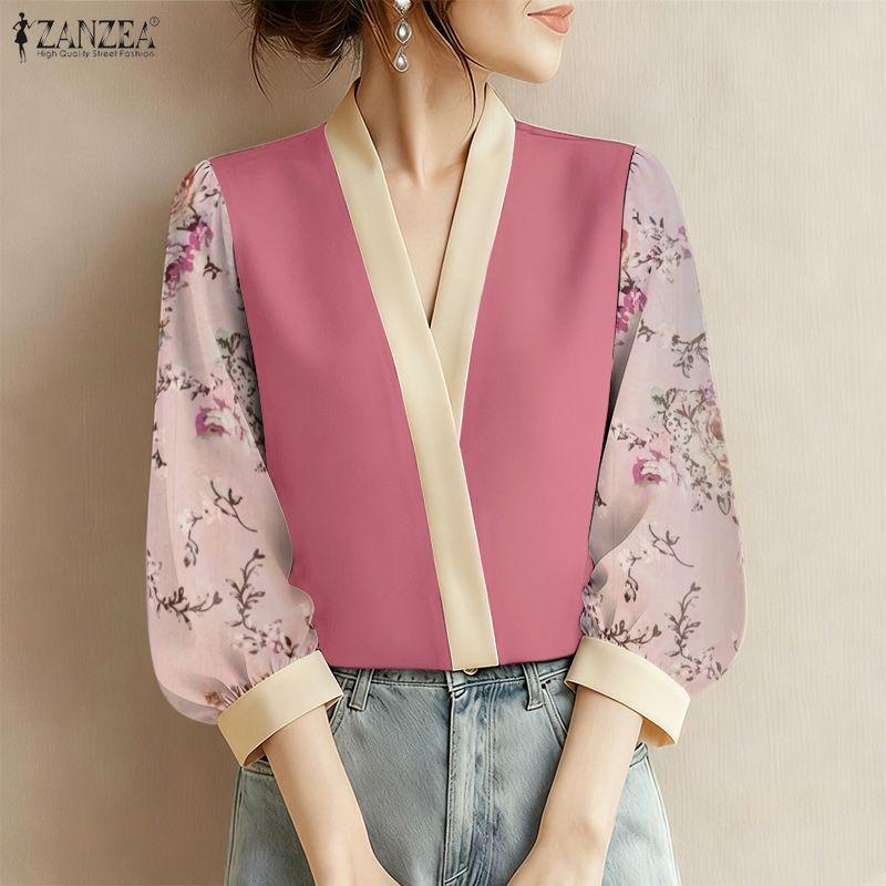 ZANZEA Women Casual V-Neck Print Splice 3/4 Sleeve Blouse
