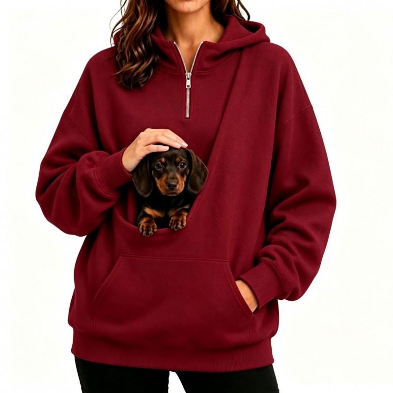 Womens Half-Zip Hooded Sweatshirt With Pet Pocket Loose Fit Fall Winter Top Small Dogs