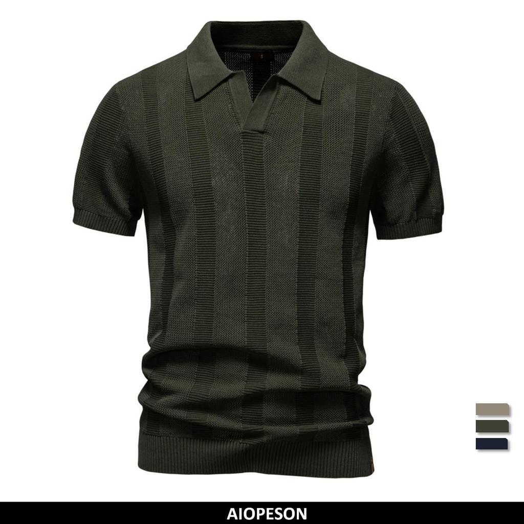 AIOPESON 2025 Men's Solid Striped Mesh Polo Shirt Breathable Knitted Turn-Down Collar Sweater Polos Men