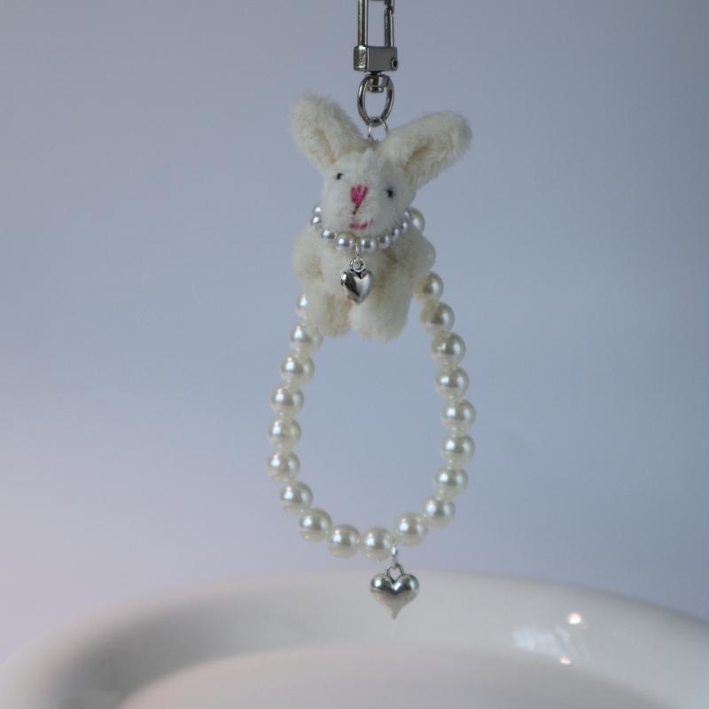 Heart Pearl Phone Chain Plush Rabbit Charm Keychain Pendant Backpack Decoration