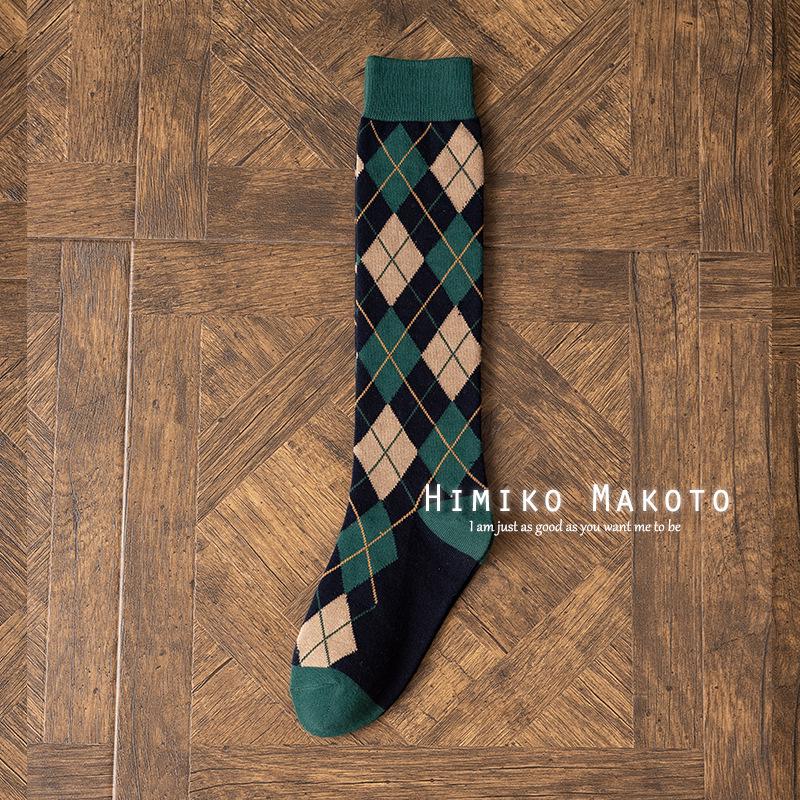 Korean Style Cotton Diamond Pattern Knee-High Retro Socks for Women