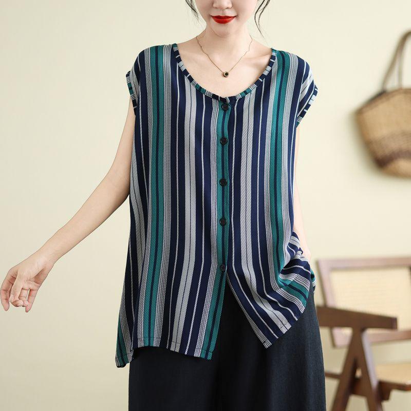 

Летний хлопковый шелковый кардиган в этническом стиле, жилет, топ без рукавов, свободный, универсальный, большого размера, женская одежда, блузки, рубашки L