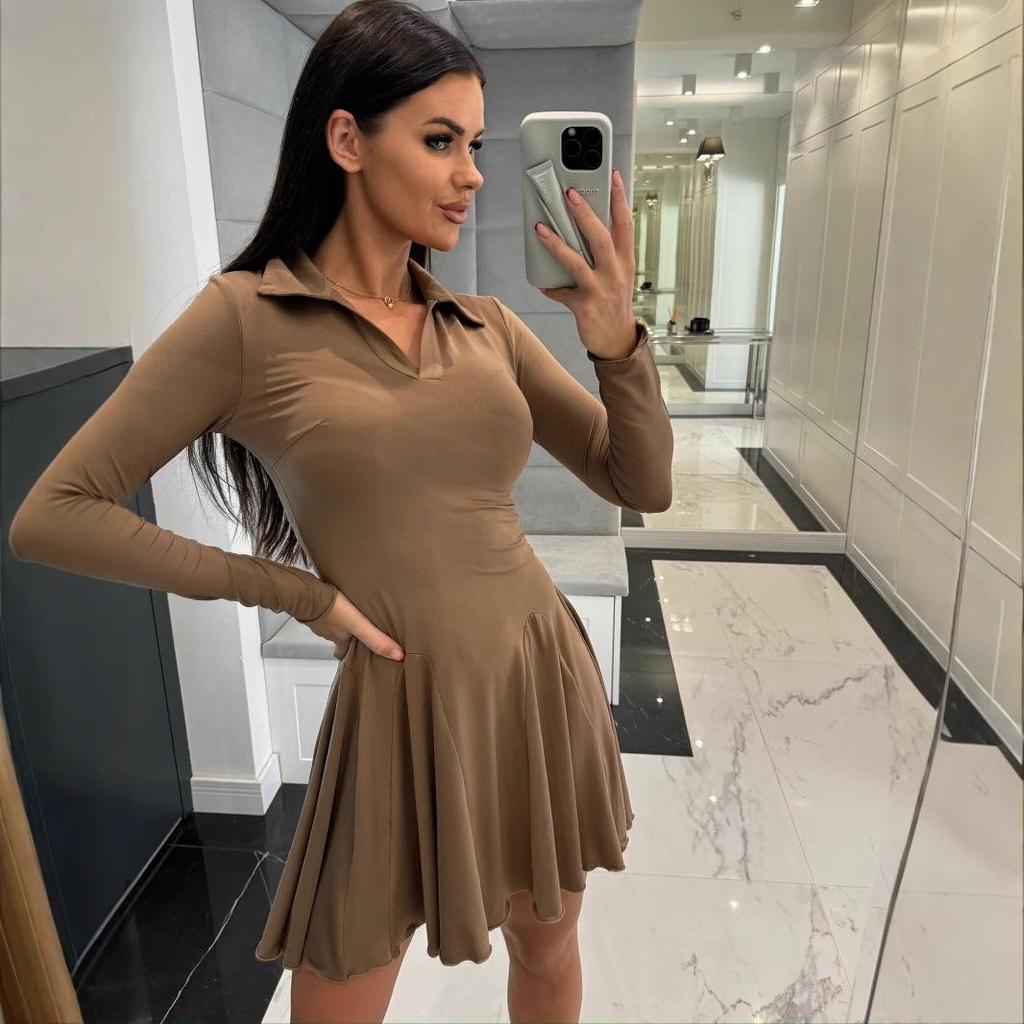 2025 Spring/Summer Women's Solid Color Waist-Cinching Long-Sleeve Turn-Down Collar Dress