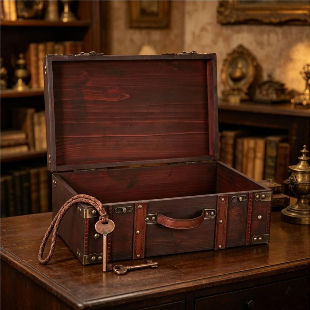 Wooden Storage Suitcase Retro Decorative Vintage AntiqueLook Chest with Handle for