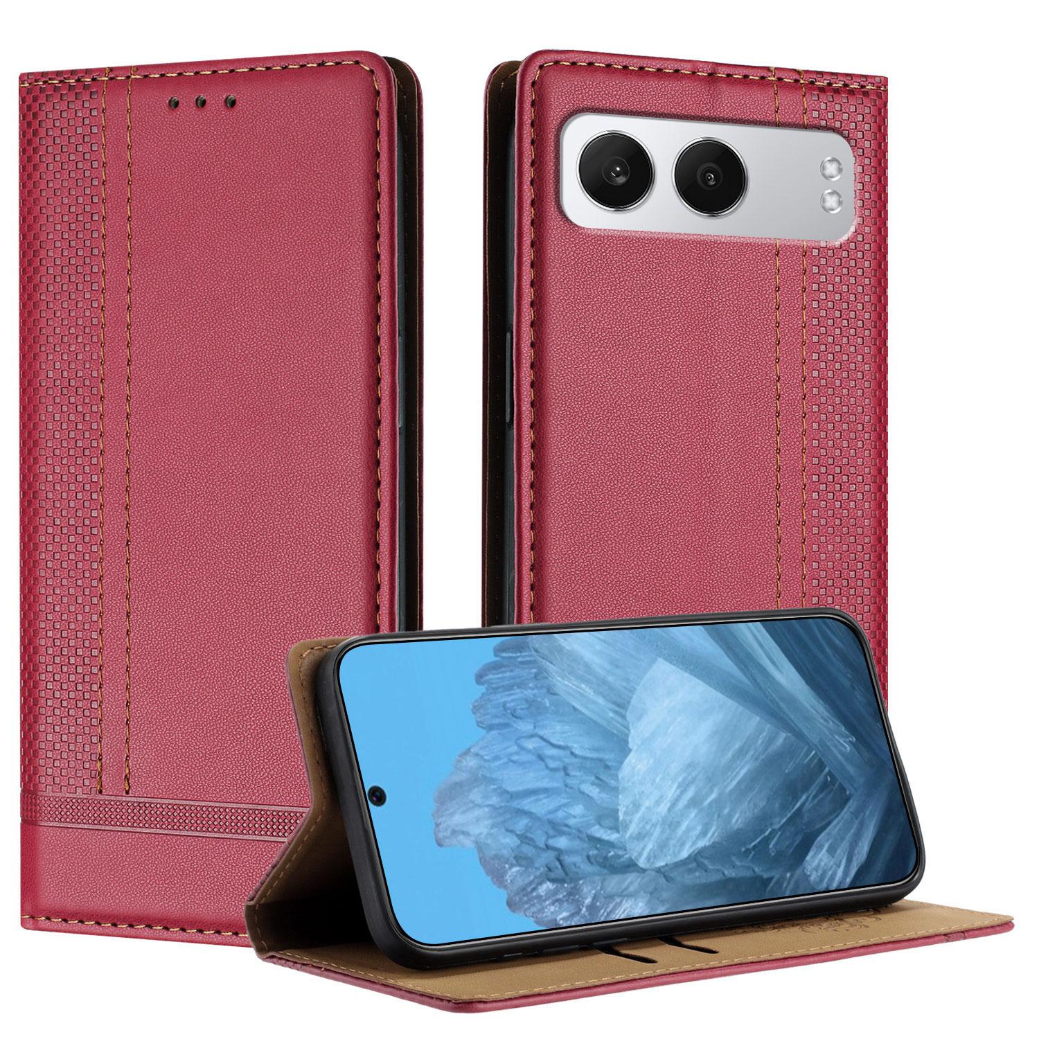 

For OnePlus Nord 4 Case L-Shaped Grid Pattern Leather Stand Phone Cover with Card Slots Red
