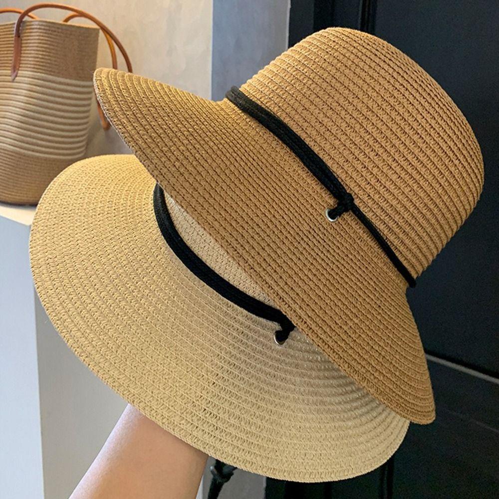 Foldable Women's Straw Hat Summer Visor Cap Retro Straw Bucket Hat  Men Women