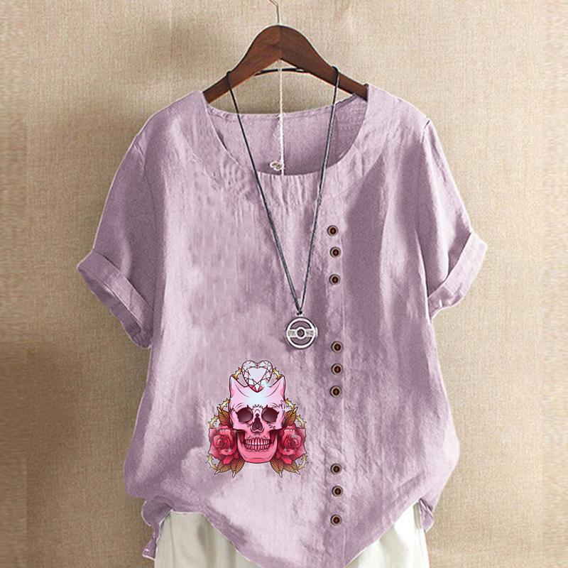 Women's Fashion Round Neck Short Sleeve T-shirt Casual Cotton Linen Graphic Shirt Leisure Loose Flower Prined Summer Blouse Tops