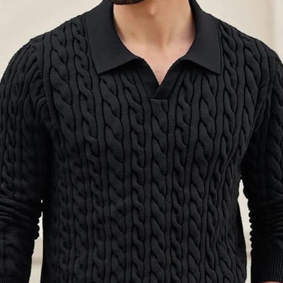 Men Knitted Tops Lapel Long Sleeve Solid Color Sweater Twist Pattern Winter Thick Warm Pullover Tops