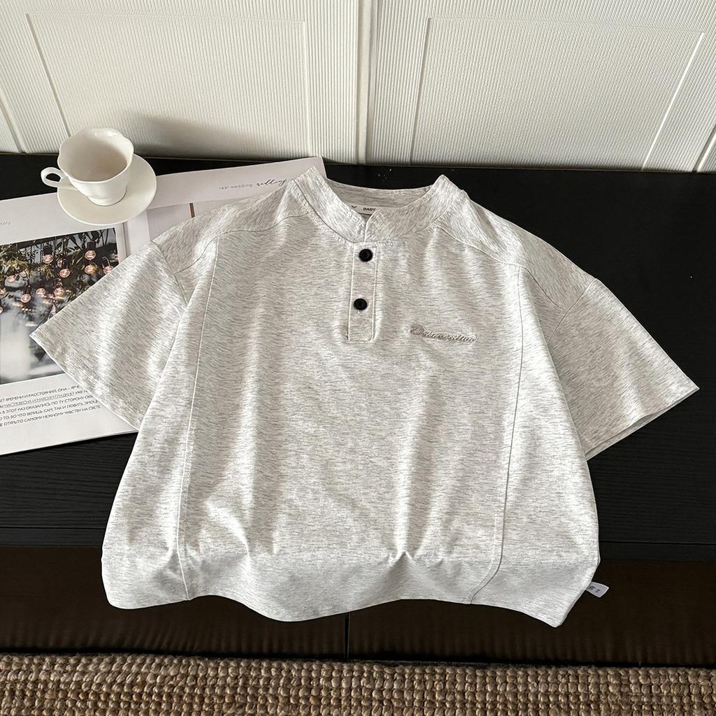 Cool Summer Cotton Stand-Up Collar Casual Embroidered T-Shirt for Boys and Girls (Oversized)