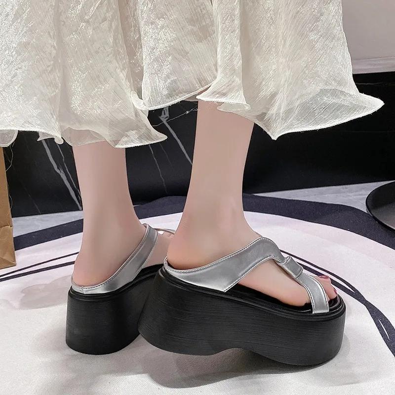 Summer Women Slippers Beach Flip-Flops Ladies Chunky Leather Shoes Wedge Heels Outside Sandals Woman High Platform Slippers 8CM