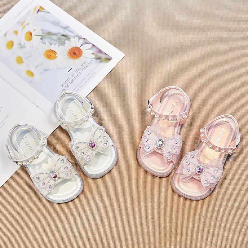 2024 New Soft Butterfly Rhinestones Sweet Princess Shoes for Party Wedding Shows Summer Children Girls Sandals Britain Style PU