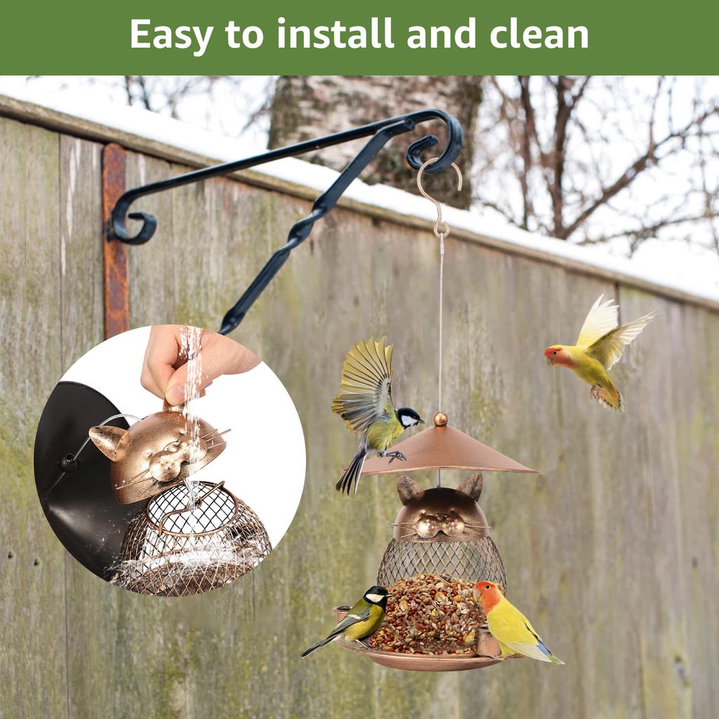 Iron Hanging Bird Feeder Outdoor Heavy Duty Wild Bird Feeder with 3 Cup Large Capacity Squirrel Proof Tray Food Dispenser