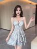 Women's Low-Cut Mesh Print Bodycon Strappy Dress with Wide Hem