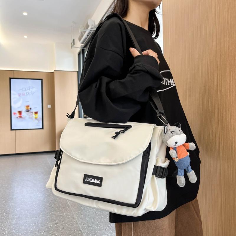 Solid Color Simple Nylon Cloth College Student Canvas Bag Street Locomotive Trendy Core Camp Mailman Bag New Bag