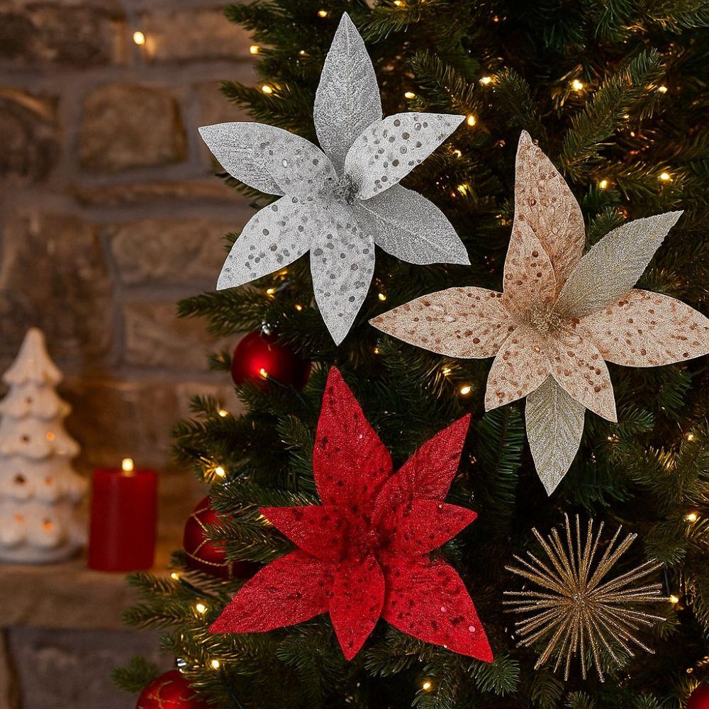 25cm Weihnachts-Kunstblumen Pailletten-Gewebe Realistische Weihnachtssternblume Dekorative Hängende Weihnachtsbaum-Schmuckstücke