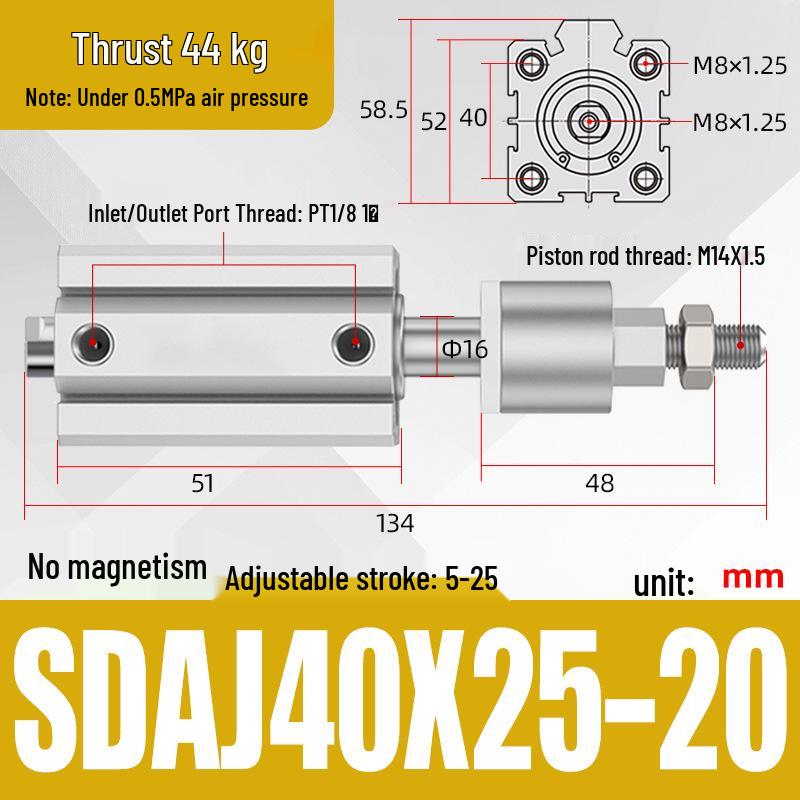 Adjustable Stroke Pneumatic Thin Cylinder - Piston Rod Sizes: 16/20/25/32/40/63
