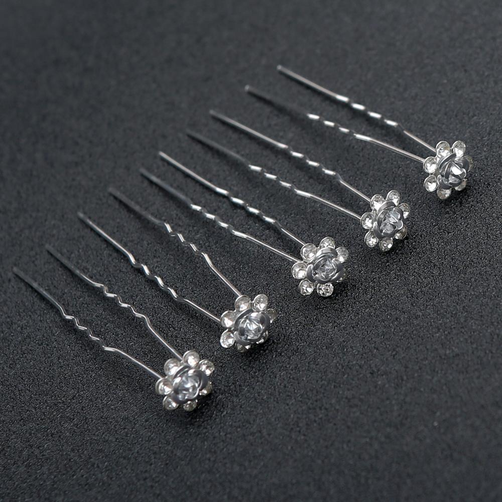 20pcs Fashion Bridal Rhinestone Hair Fork Artisan Alloy U-Pin with Rose Accent Wedding Hair Sticks for Brides Vintage Glamour